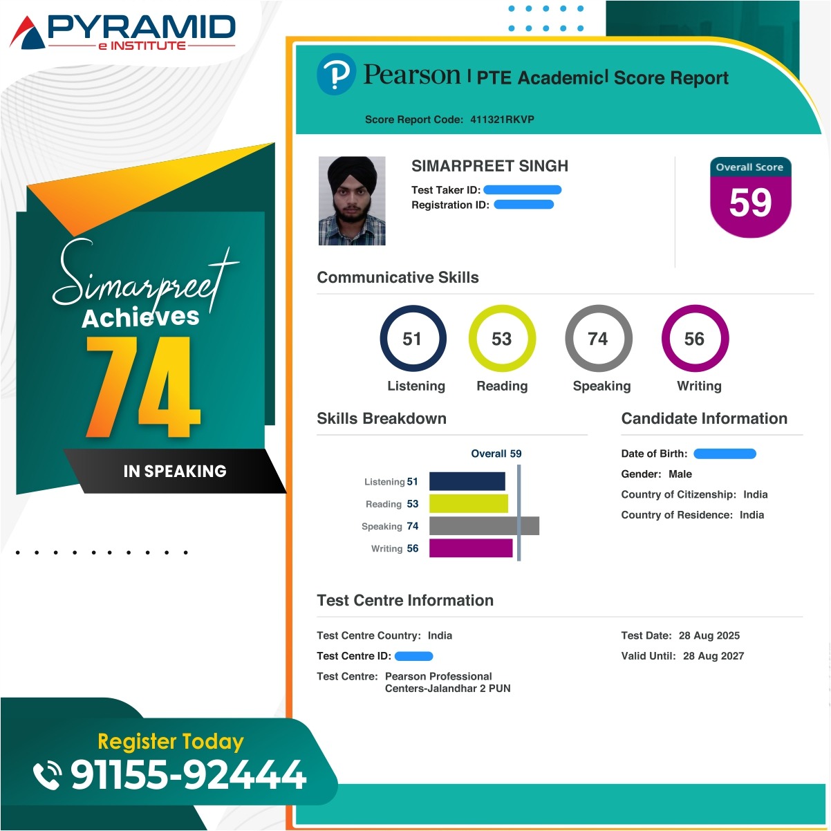 PTE Academic Score Report — Student Achievement 1