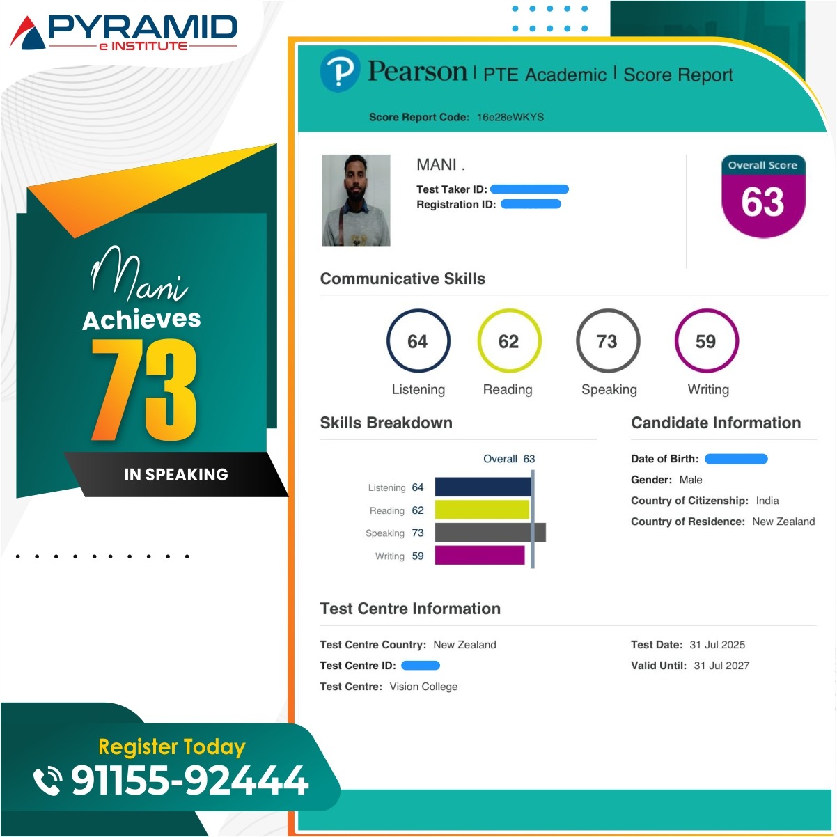PTE Academic Score Report — Student Achievement 2