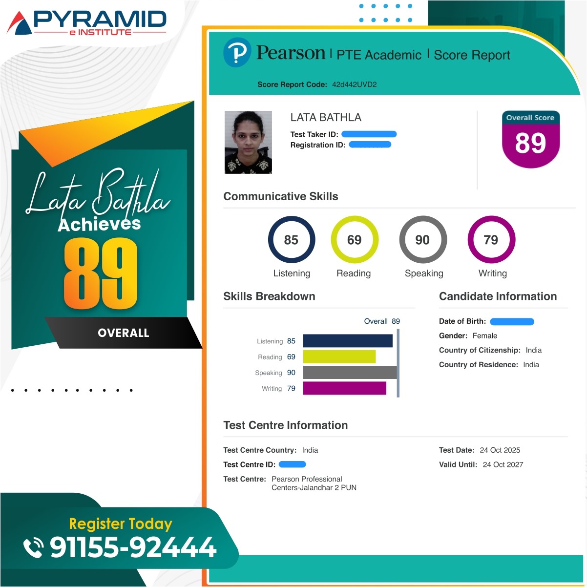 PTE Academic Score Report — Student Achievement 3