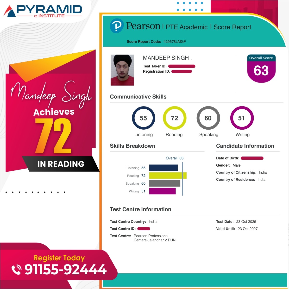 PTE Academic Score Report — Student Achievement 4